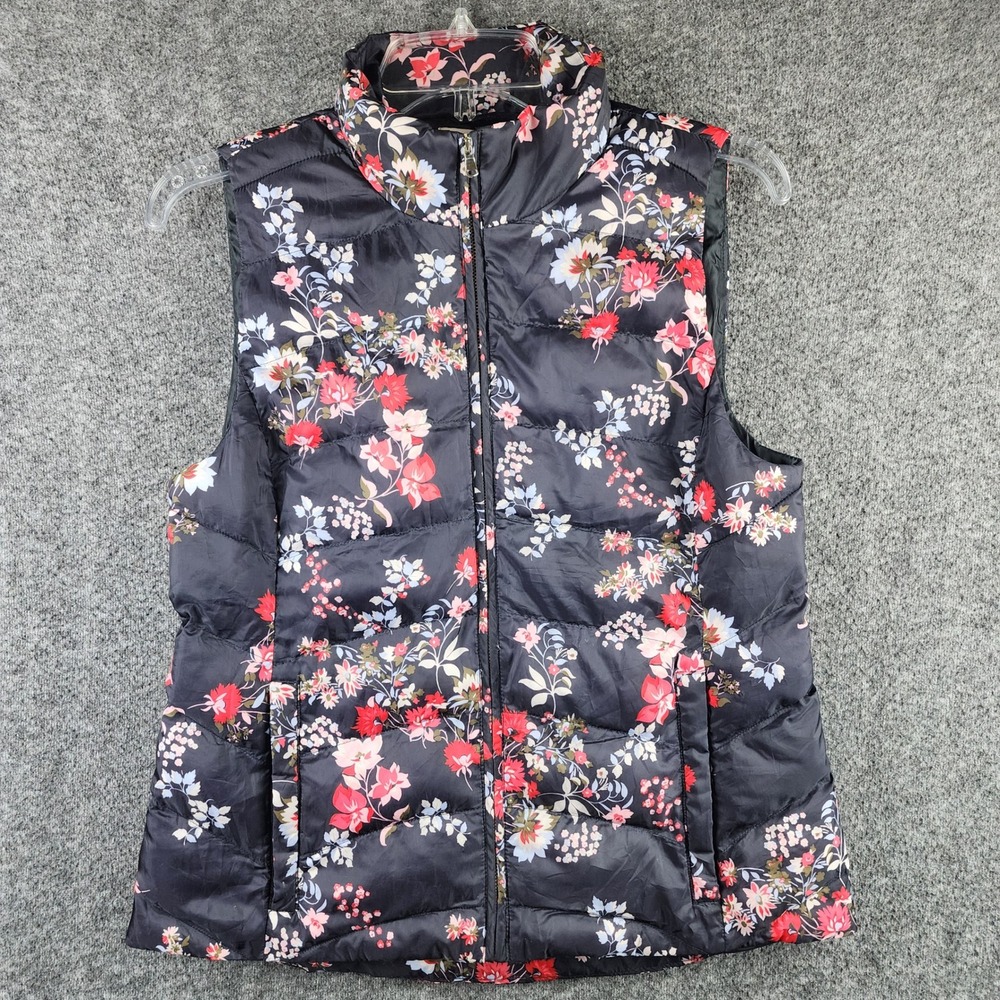 Loft Puffer Vest Womens XS Floral Print Navy Blue Sleeveless Quilted EUC